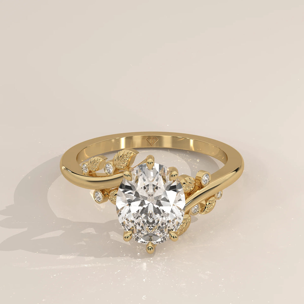 Oval cut diamond engagement ring with accent stones in 14k gold.