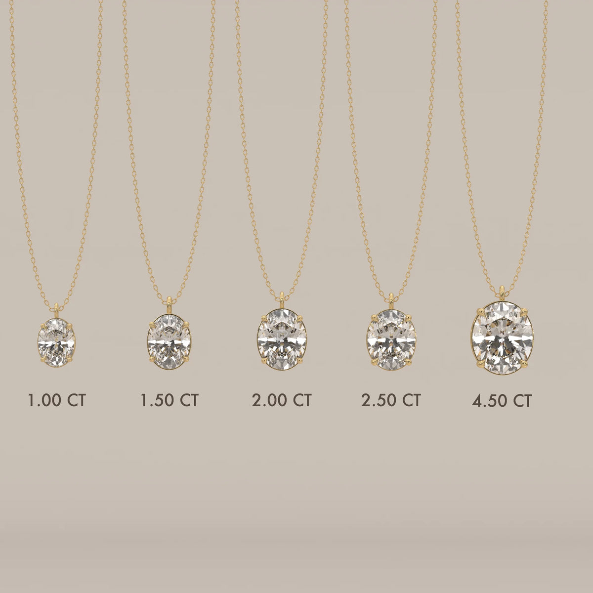 Five oval diamond pendants on yellow gold chains, shown in different carat weights.