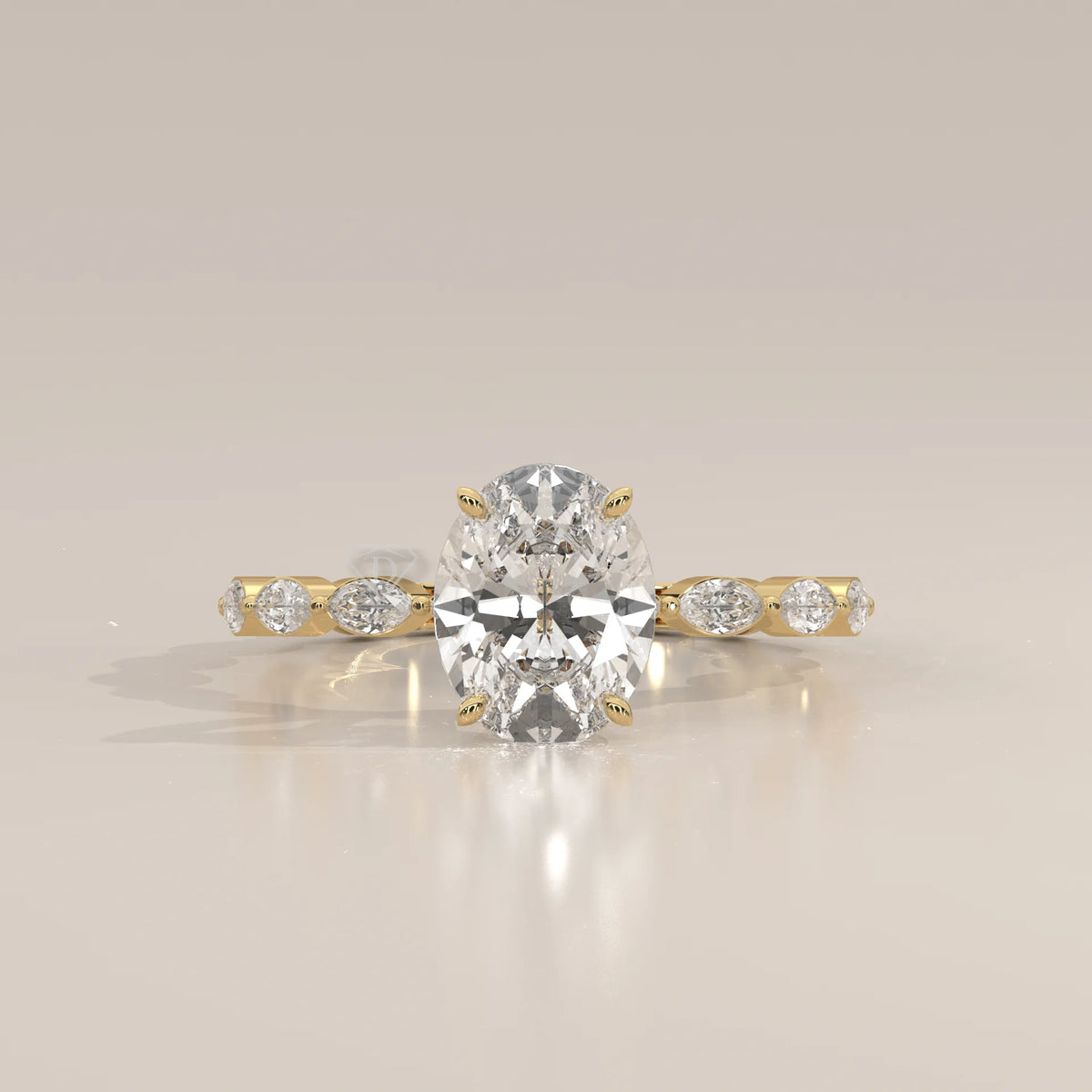 Oval cut diamond engagement ring with accent stones in 14k gold.