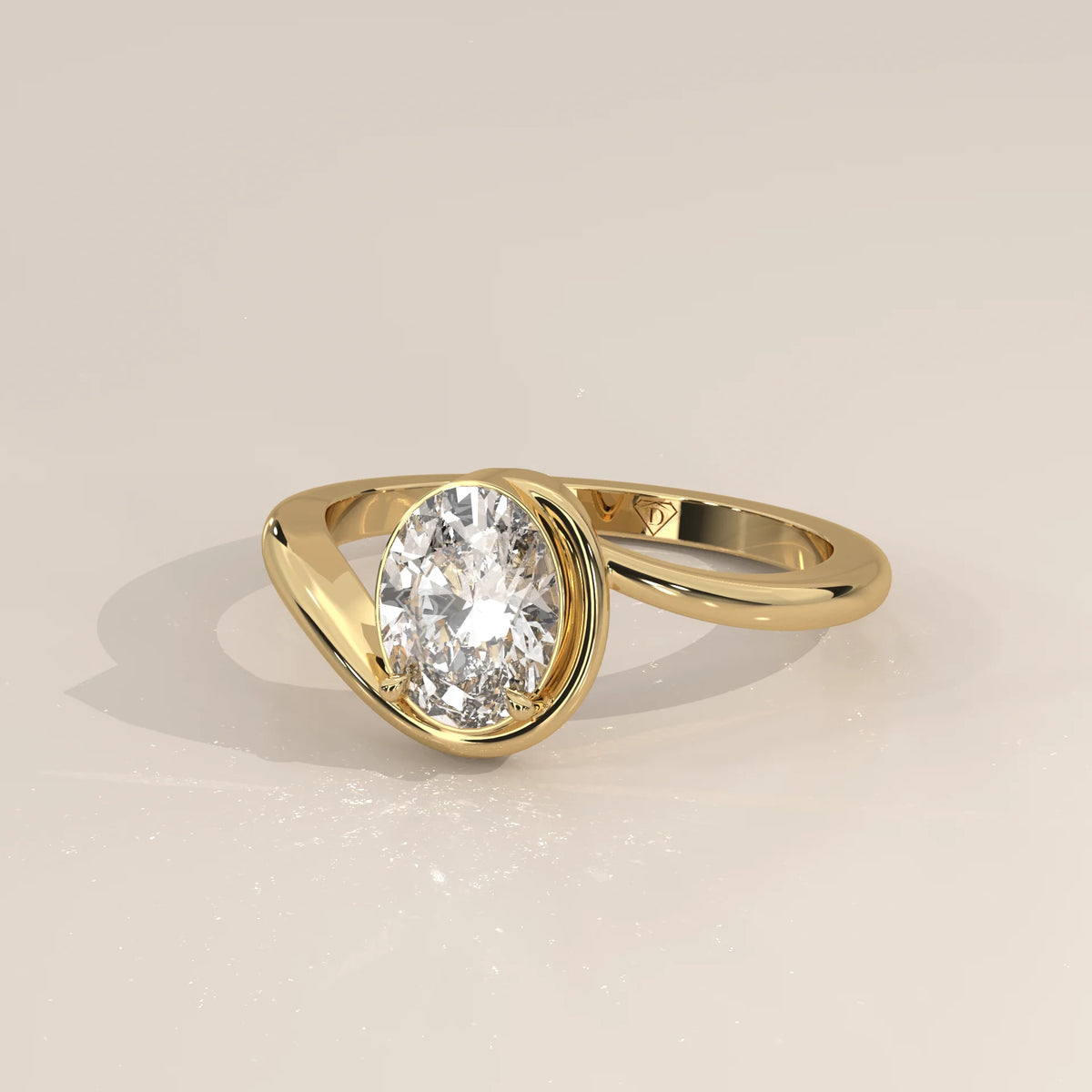 Oval Lab Grown Diamond Bypass Solitaire with Wraparound Rim in yellow gold, photographed head-on.