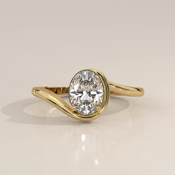 Oval Lab Grown Diamond Bypass Solitaire with Wraparound Rim in yellow gold, front view on a plain background.