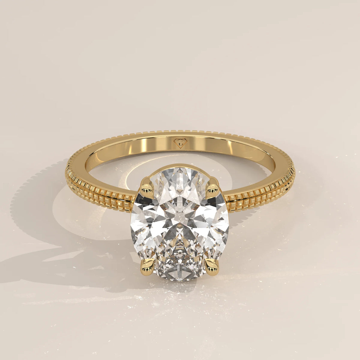 Oval cut diamond engagement ring with a paved band in yellow gold.