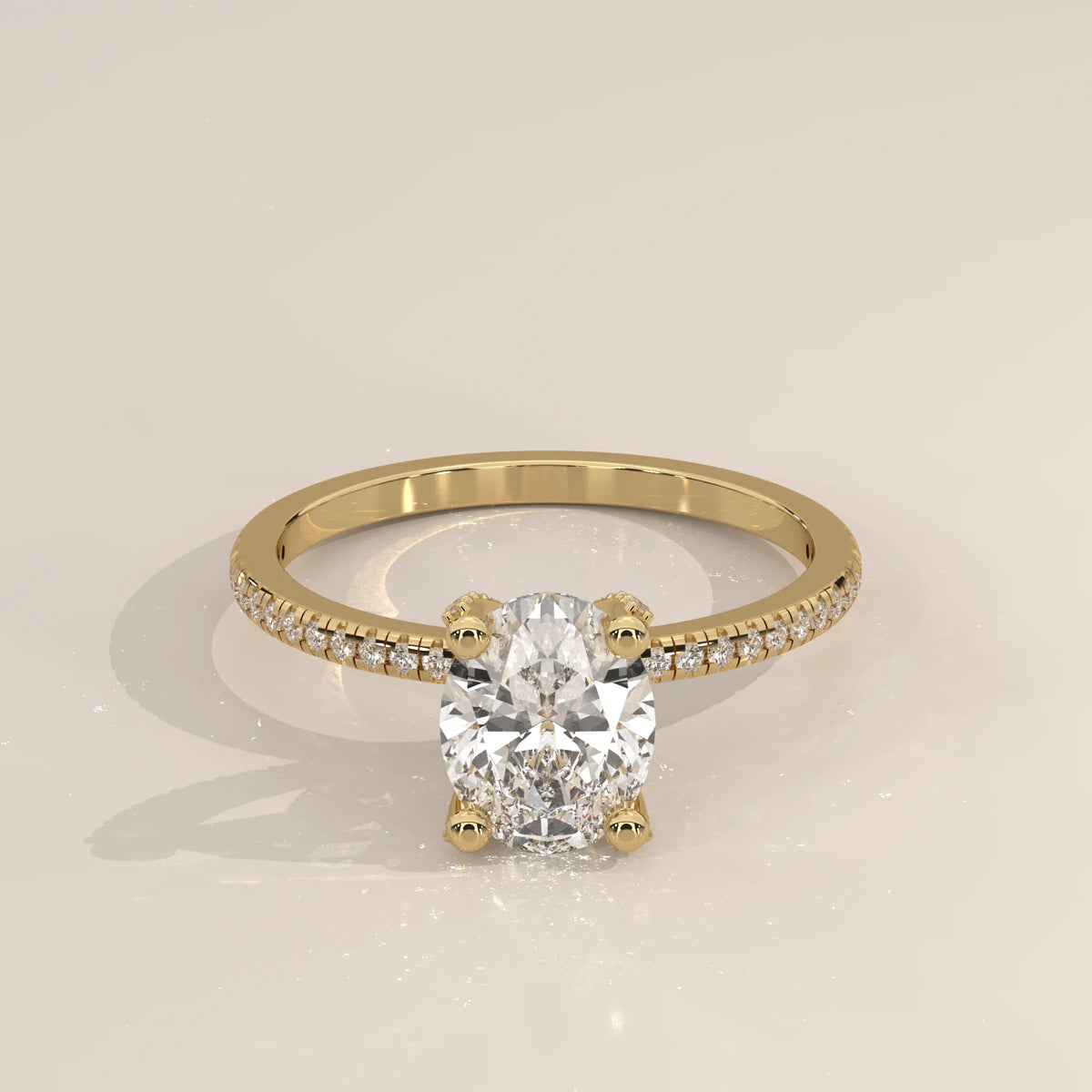 Oval Lab Grown Diamond Pave Band Ring with Hidden Halo in yellow gold, shown from the front.