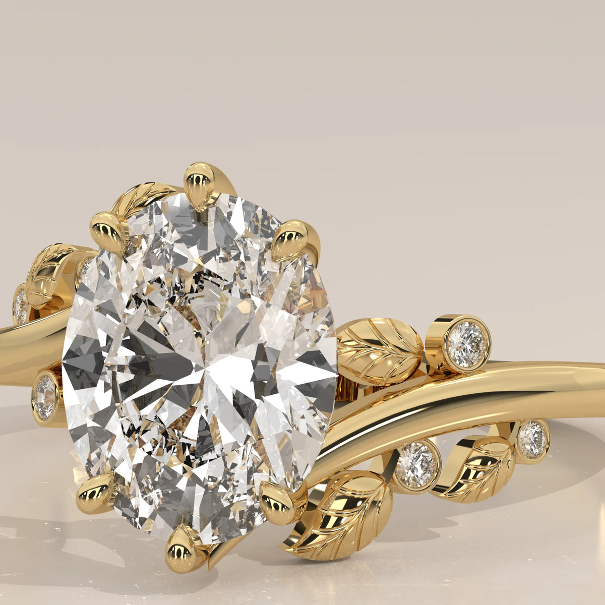 Oval cut diamond engagement ring with accent stones in 14k gold.