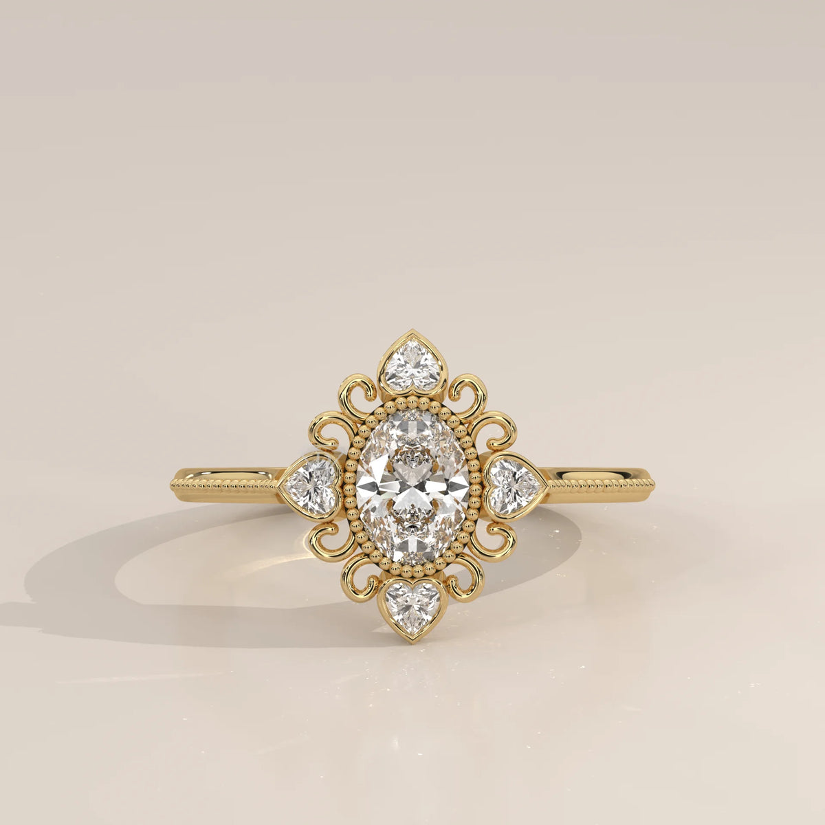Oval Lab Grown Diamond Vintage Ring with Four Heart Accents in yellow gold, front view on a plain background.