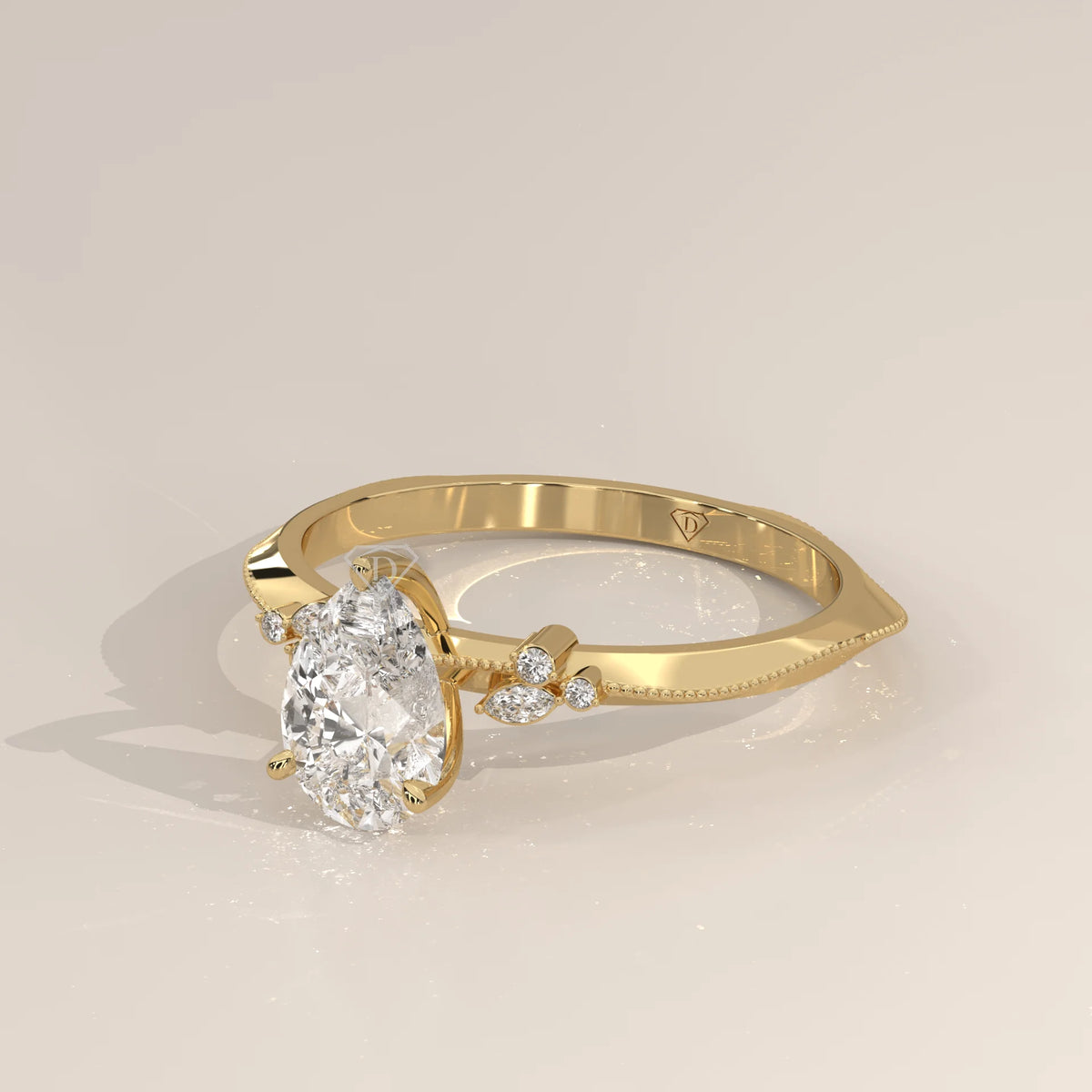 Oval diamond engagement ring with leaf design in 14k gold