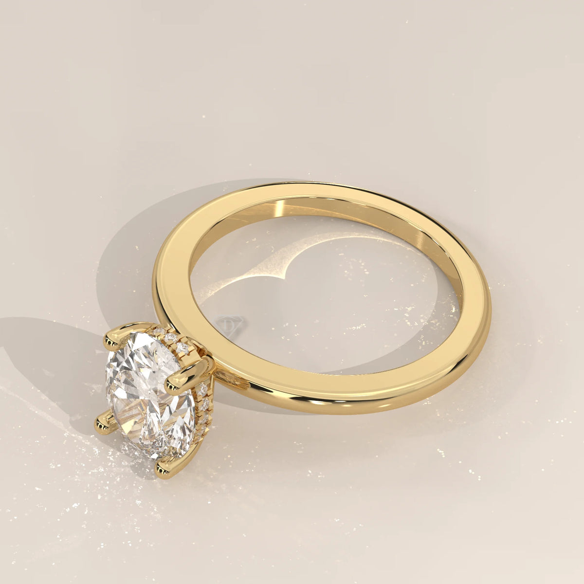 Oval Lab Grown Diamond Solitaire with Hidden Halo and Scroll Gallery in yellow gold, shown from the side.