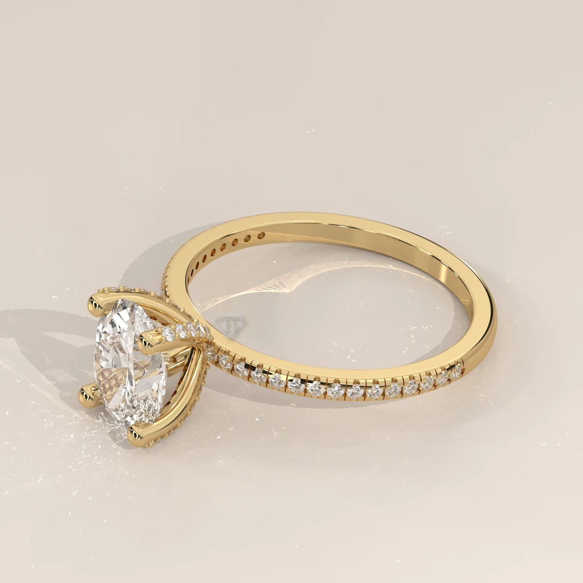 Oval Lab Grown Diamond Pave Band Ring with Hidden Halo in yellow gold, shown from the side.