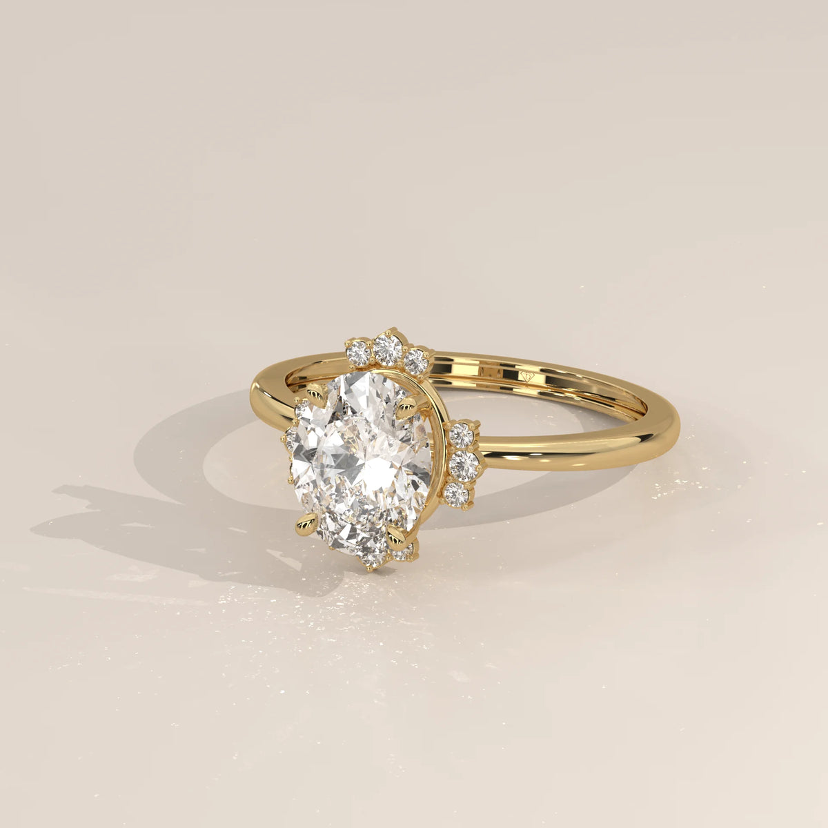 Oval Lab Grown Diamond Ring with Crown Style Partial Halo in yellow gold, shown from the side.