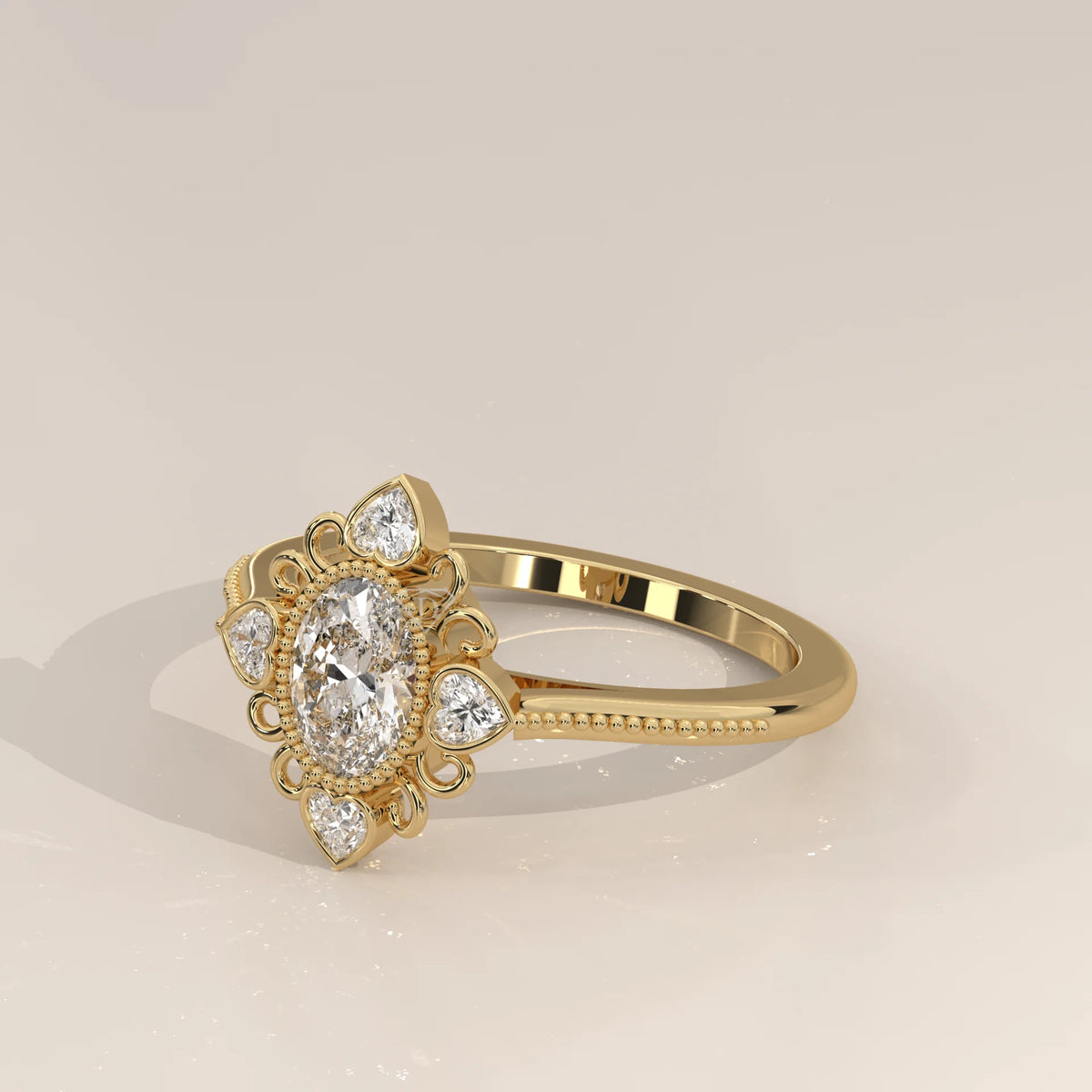Oval Lab Grown Diamond Vintage Ring with Four Heart Accents in yellow gold, shown from the side.