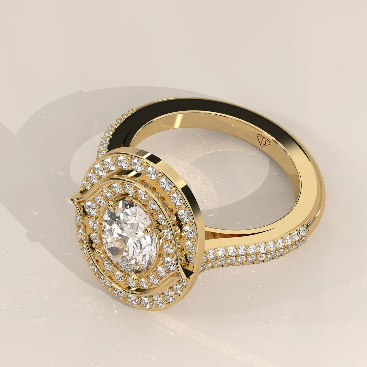Oval Lab Grown Diamond Double Halo Ring with Pointed Inner Frame in yellow gold, shown from the side.