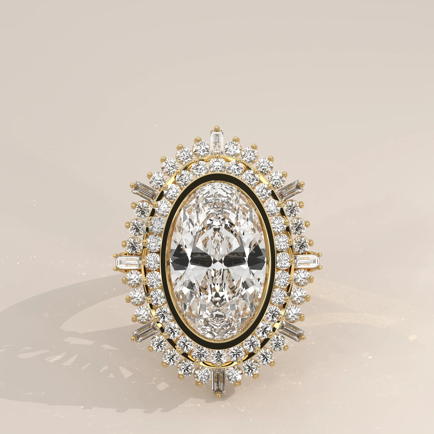 Oval cut diamond ring with halo and baguette accents in 18k gold