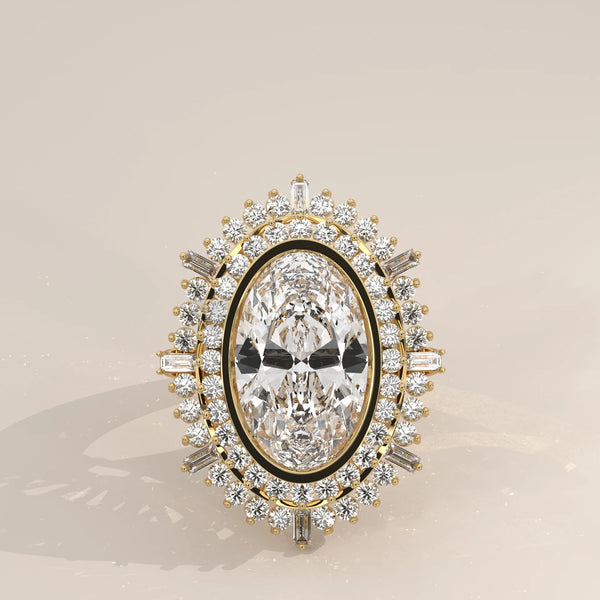 Oval cut diamond ring with halo and baguette accents in 18k gold