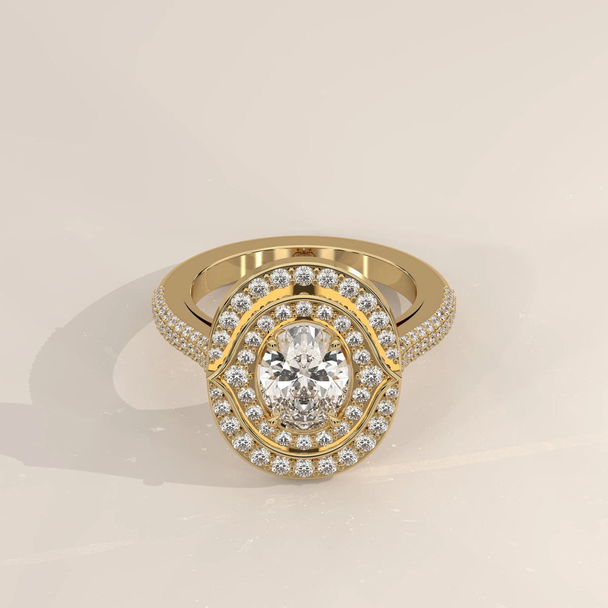 Oval Lab Grown Diamond Double Halo Ring with Pointed Inner Frame in yellow gold, shown from the front.