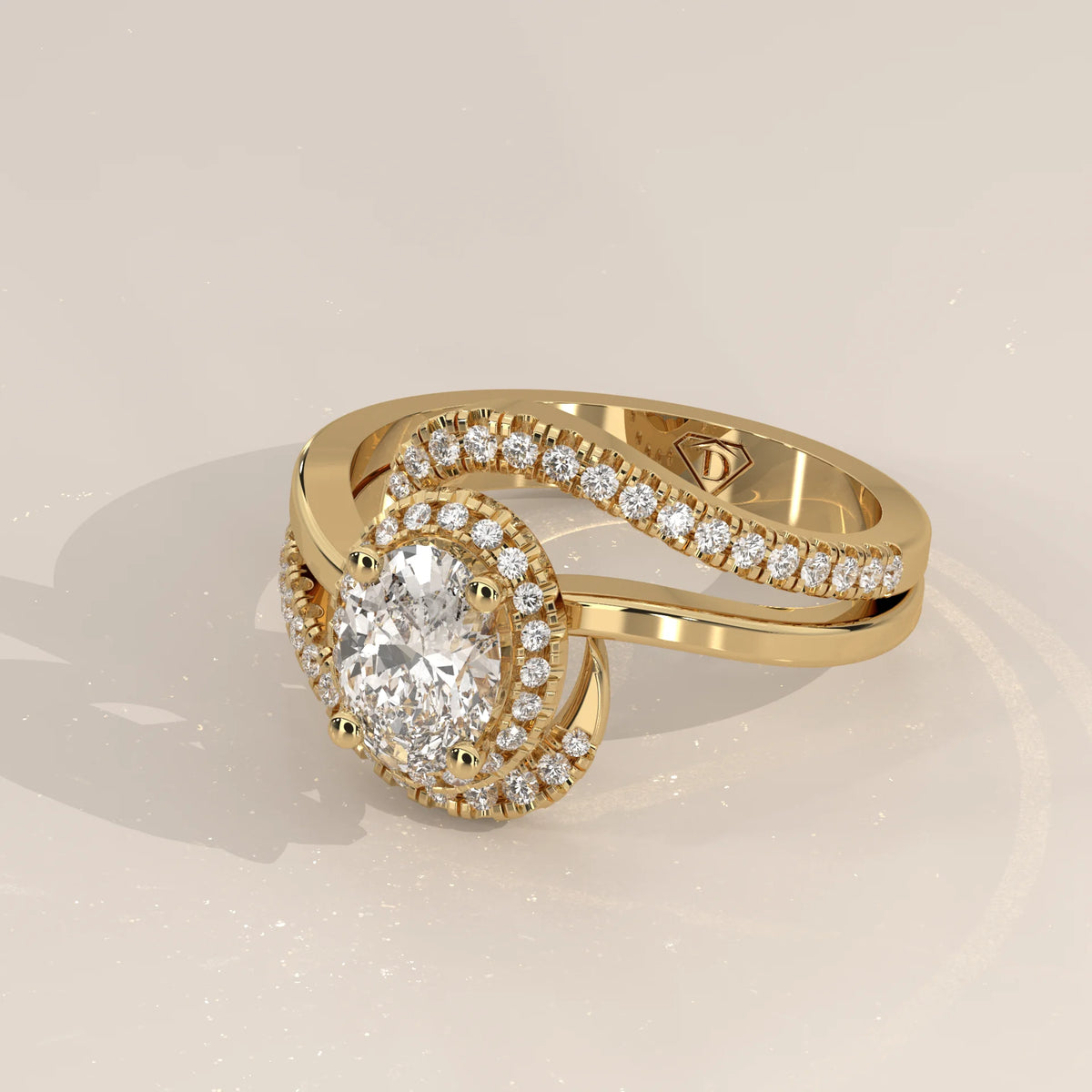 Oval Lab Grown Diamond Halo Ring with Swirling Pave Bypass in yellow gold, viewed from overhead.
