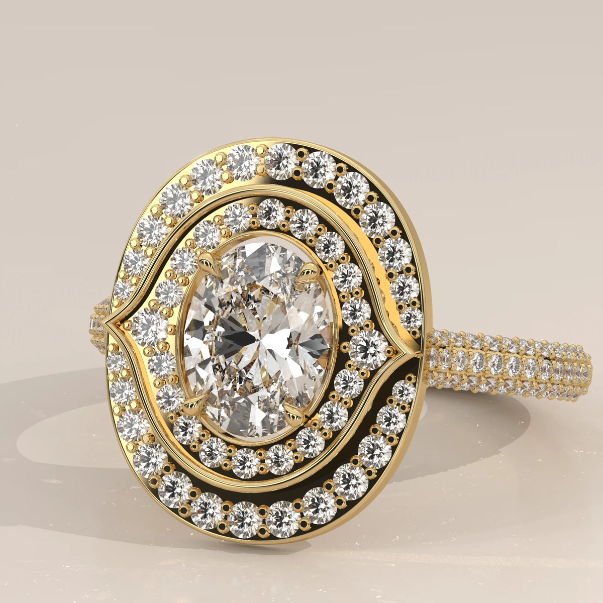 Oval Lab Grown Diamond Double Halo Ring with Pointed Inner Frame in yellow gold, shown at an angle.