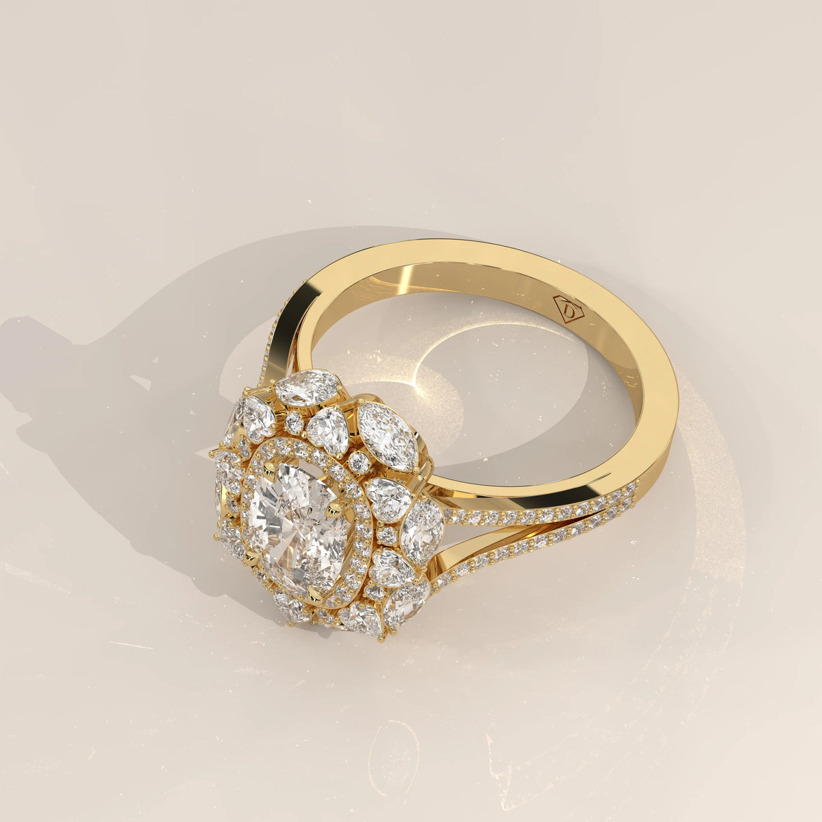 Cushion Lab Grown Diamond Halo Ring with Heart and Round Outer Frame in yellow gold, shown at an angle.