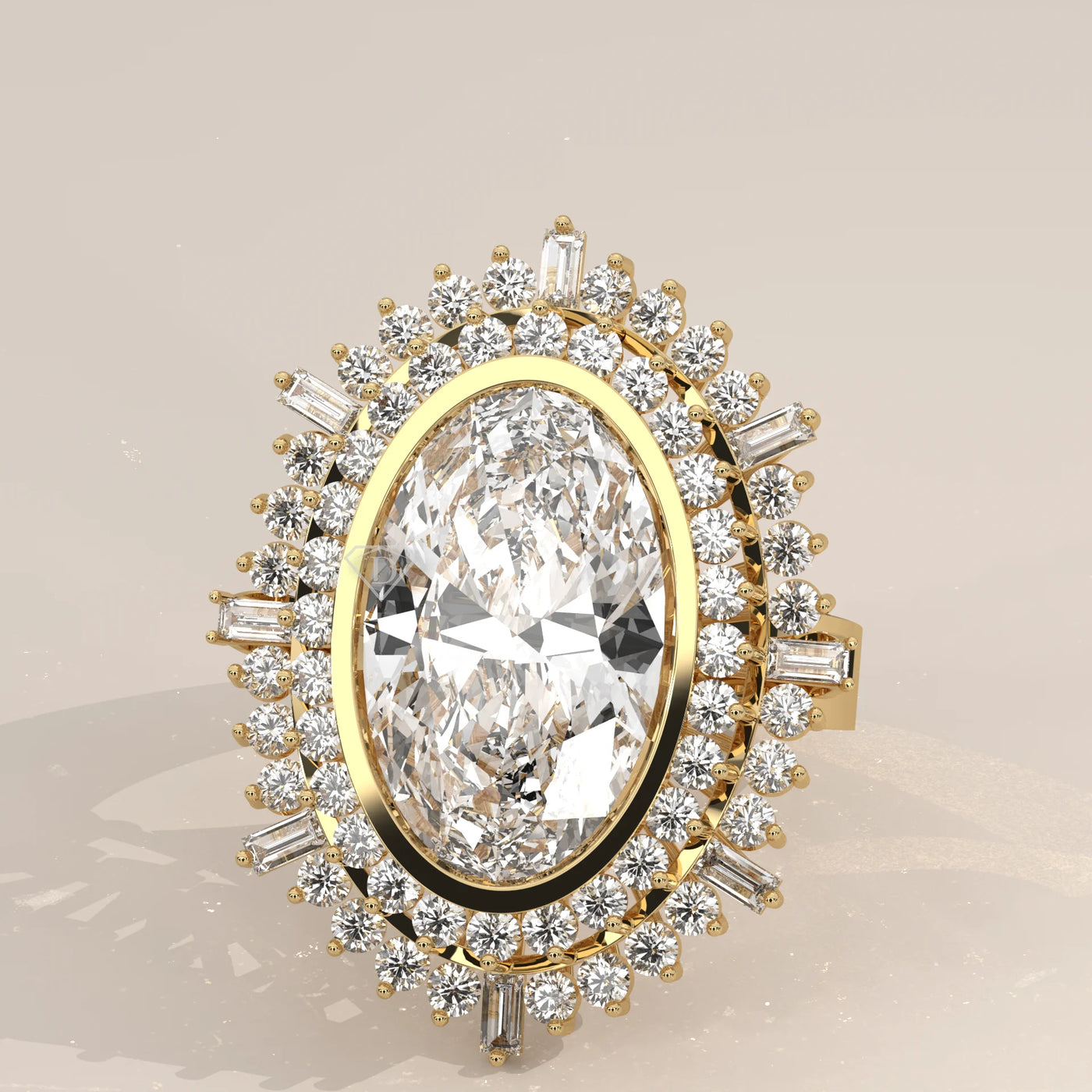 Oval diamond engagement ring with a halo of smaller diamonds in yellow gold.