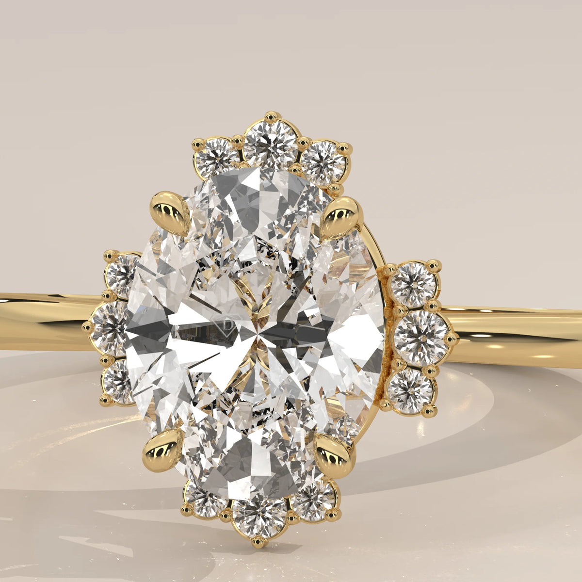 Oval Lab Grown Diamond Ring with Crown Style Partial Halo in yellow gold, photographed head-on.
