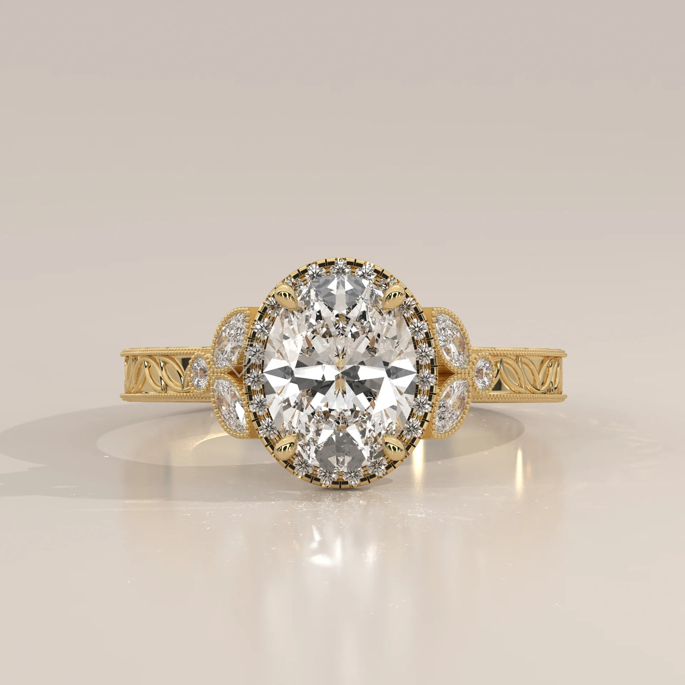 Oval diamond engagement ring with a halo of smaller diamonds in yellow gold.