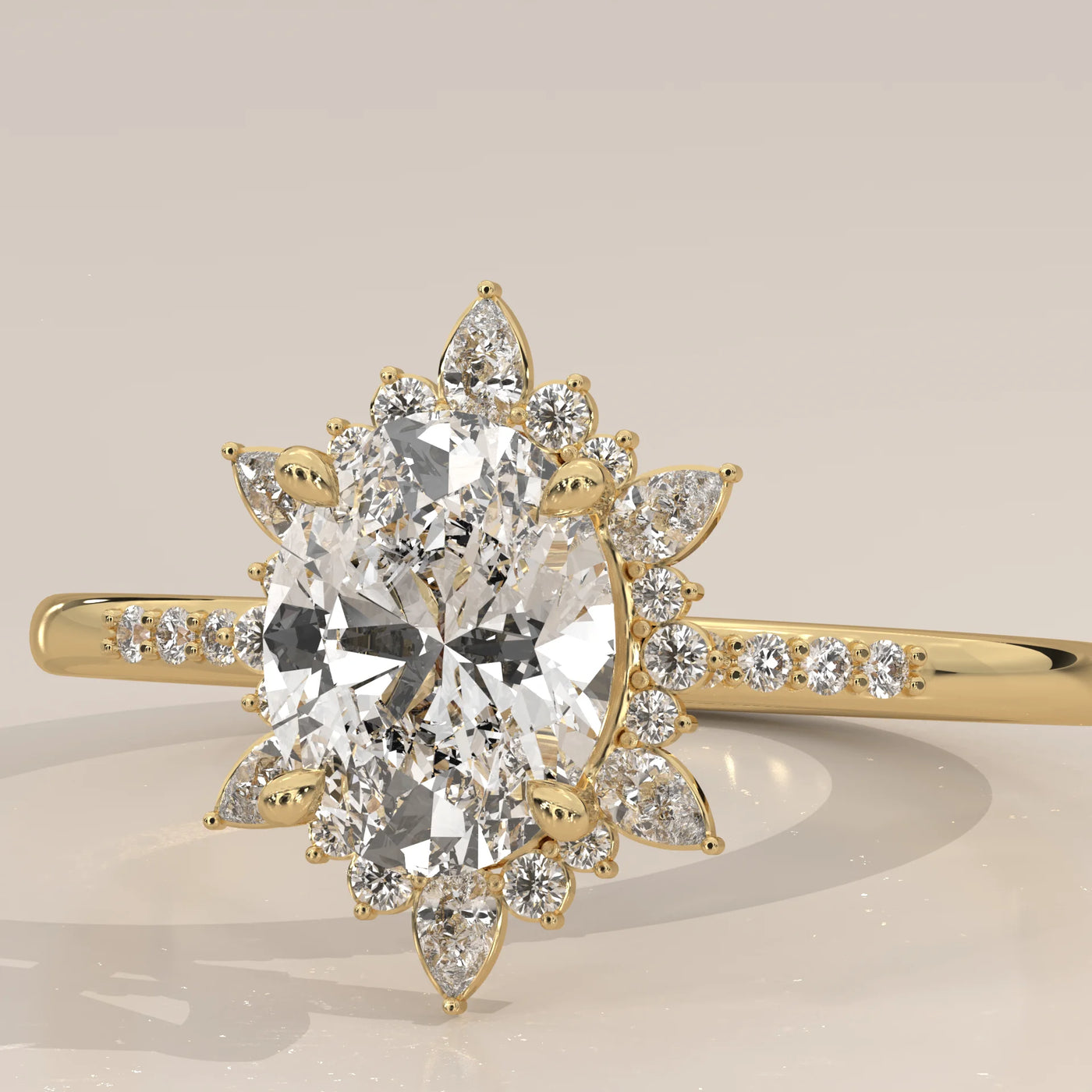 Oval diamond halo ring with baguette and round diamonds in yellow gold.