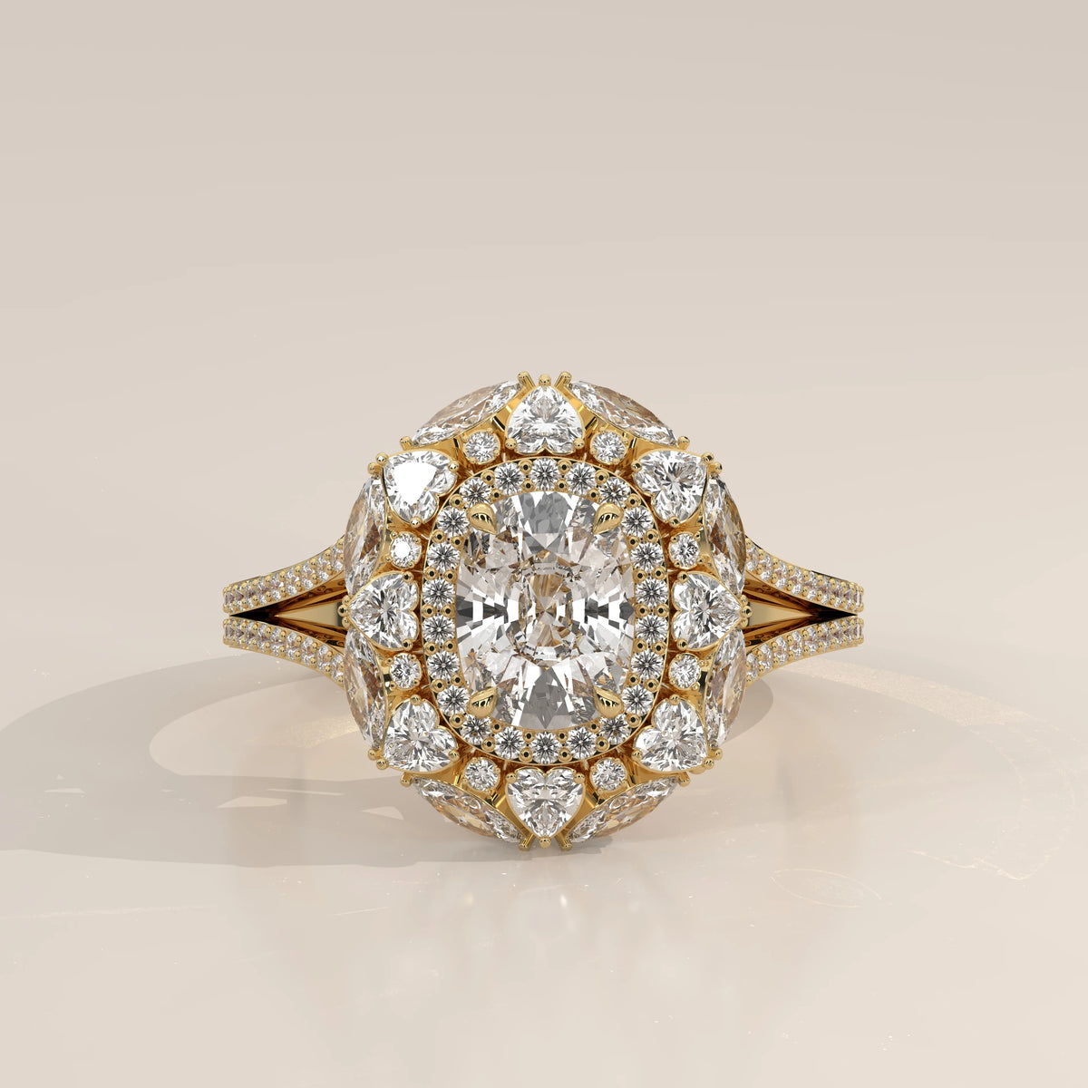 Cushion Lab Grown Diamond Halo Ring with Heart and Round Outer Frame in yellow gold, photographed head-on.