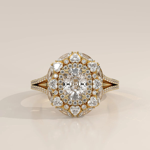 Cushion Lab Grown Diamond Halo Ring with Heart and Round Outer Frame in yellow gold, photographed head-on.