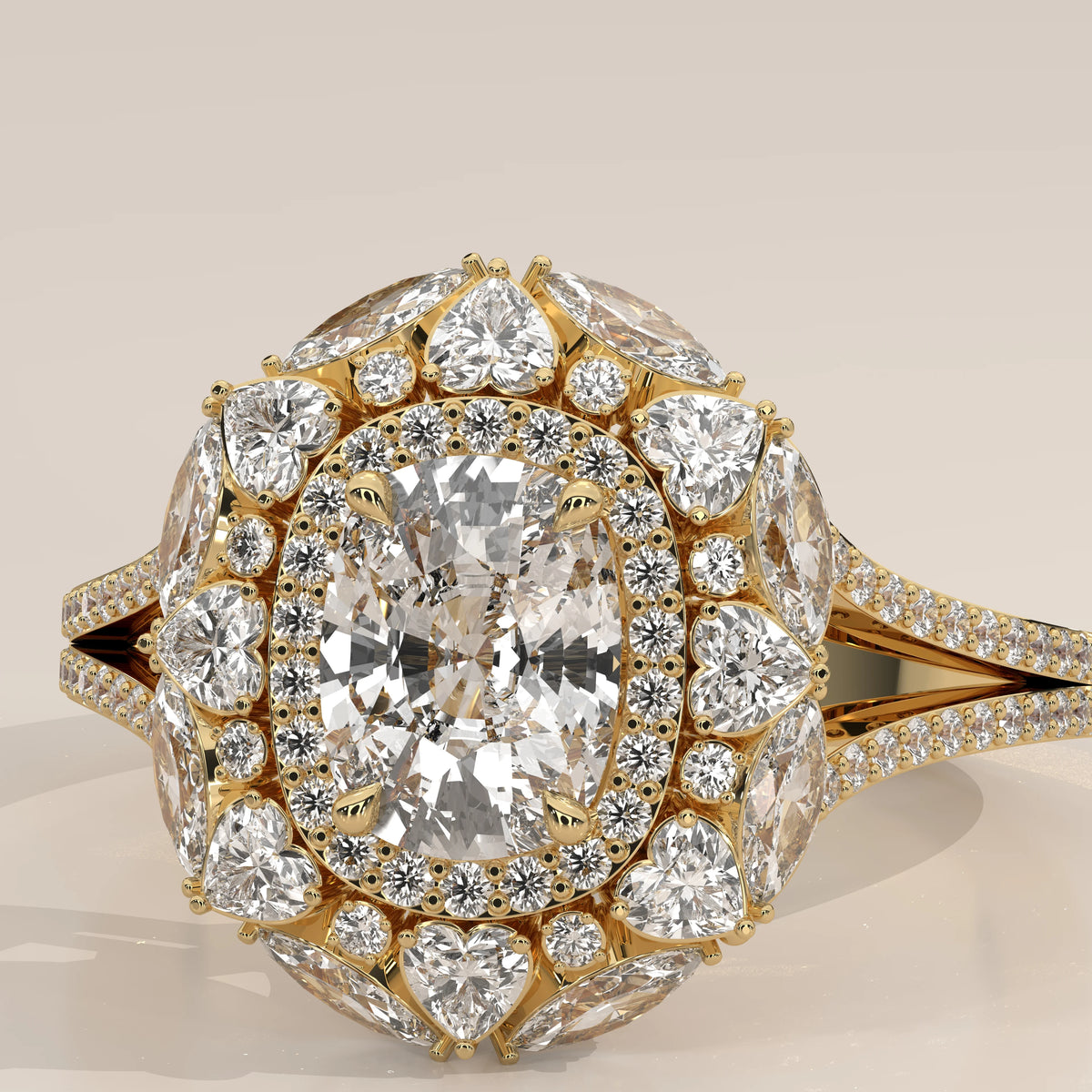 Cushion Lab Grown Diamond Halo Ring with Heart and Round Outer Frame in yellow gold, front view on a plain background.
