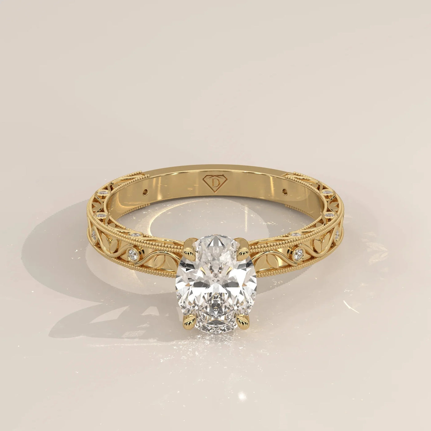 Front View: Oval Diamond Ring with Openwork Setting in Yellow Gold – Lab Grown – Driona Jewels