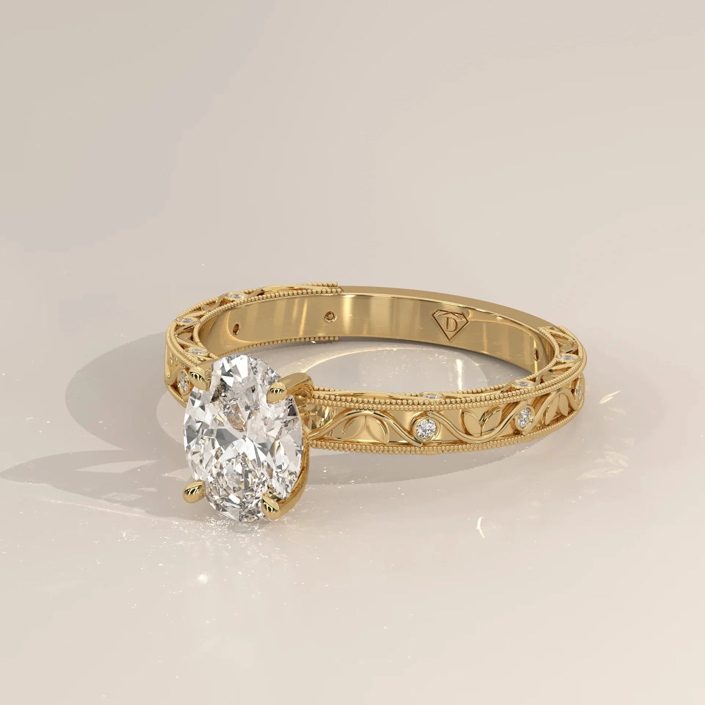 Side Profile: Oval Diamond Ring with Openwork Setting in Yellow Gold – Lab Grown – Driona Jewels