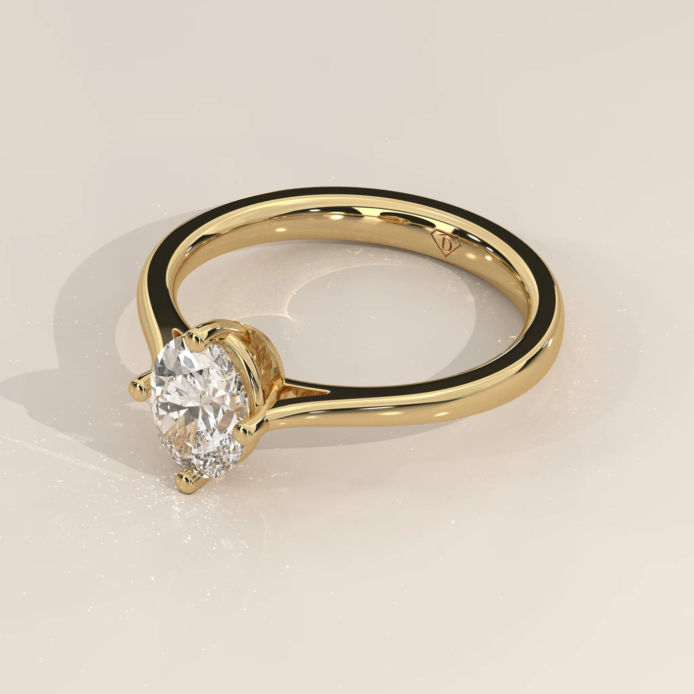Angle View: Oval Diamond Engagement Ring with Solitaire Setting in Yellow Gold – Lab Grown – Driona Jewels