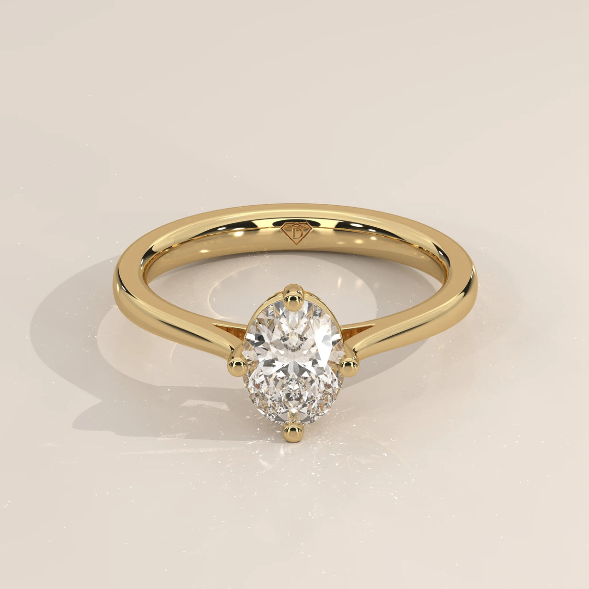 Three-Quarter View: Oval Diamond Engagement Ring with Solitaire Setting in Yellow Gold – Lab Grown – Driona Jewels