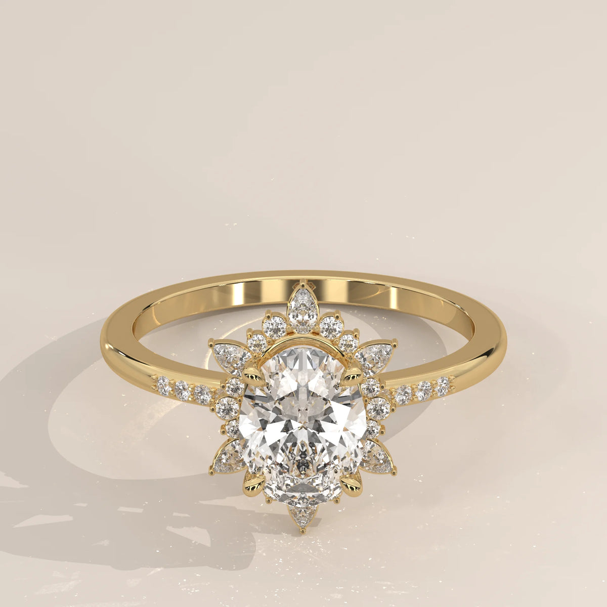 Oval diamond engagement ring with a sunburst halo in yellow gold.