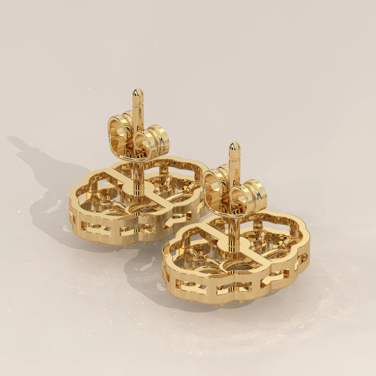 Angle View: Oval Diamond Stud Earrings with Halo Setting in Yellow Gold – Lab Grown – Driona Jewels