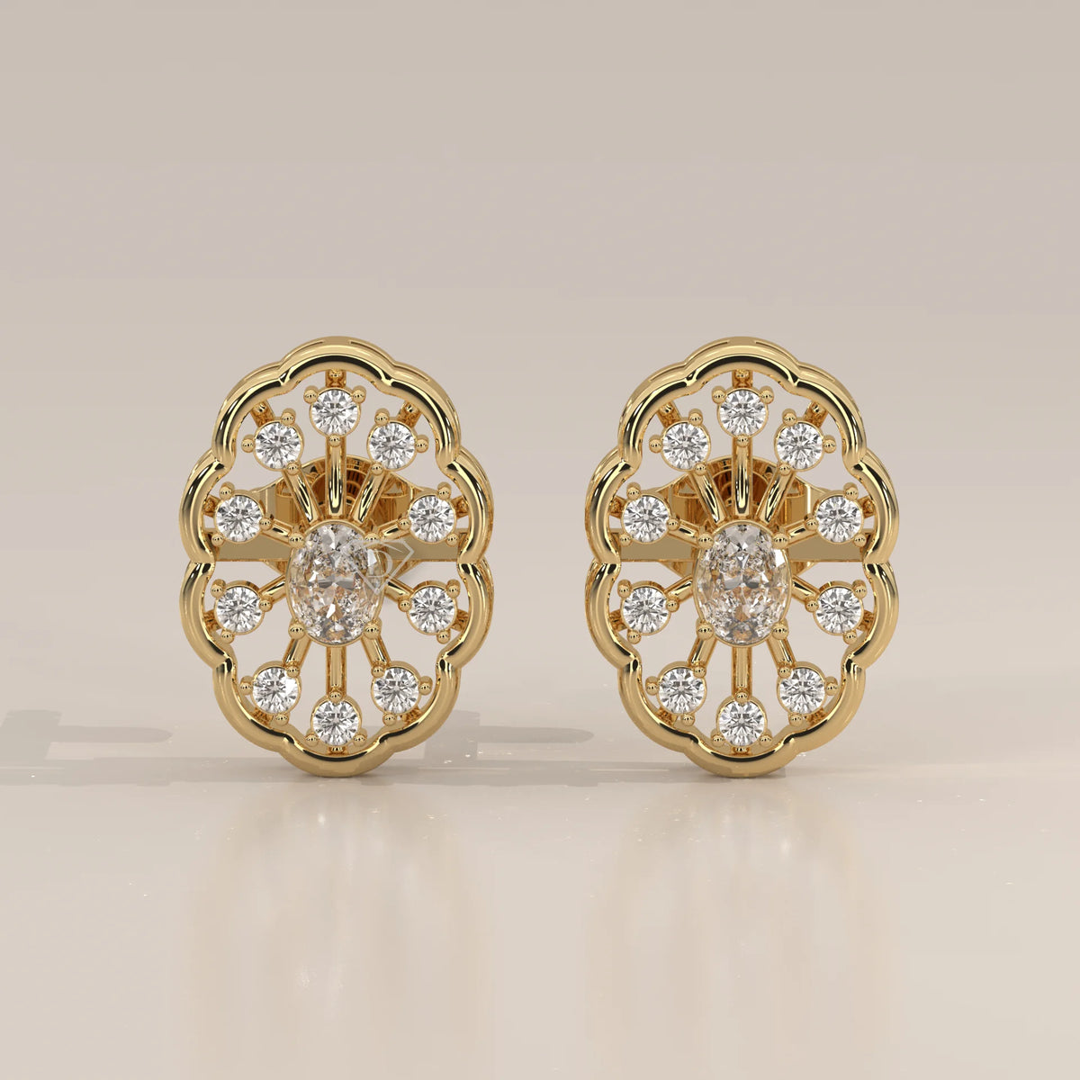 Front View: Oval Diamond Stud Earrings with Halo Setting in Yellow Gold – Lab Grown – Driona Jewels