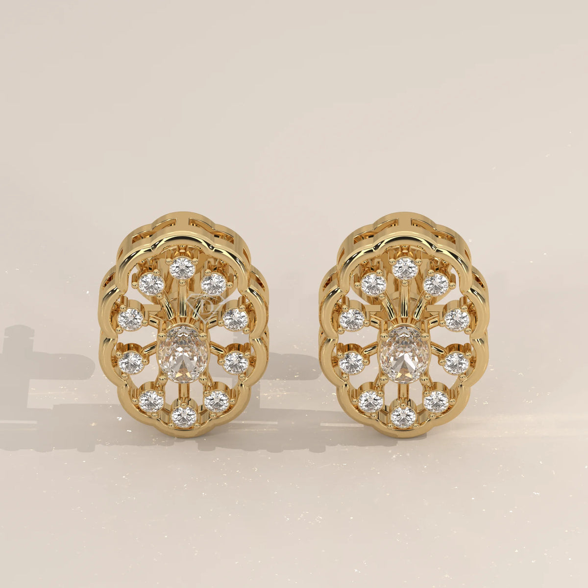 Pair Front View: Oval Diamond Stud Earrings with Halo Setting in Yellow Gold – Lab Grown – Driona Jewels