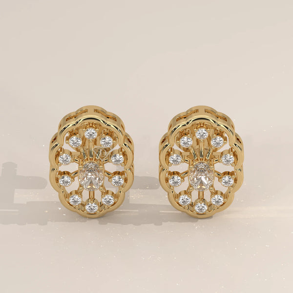 Pair Front View: Oval Diamond Stud Earrings with Halo Setting in Yellow Gold – Lab Grown – Driona Jewels