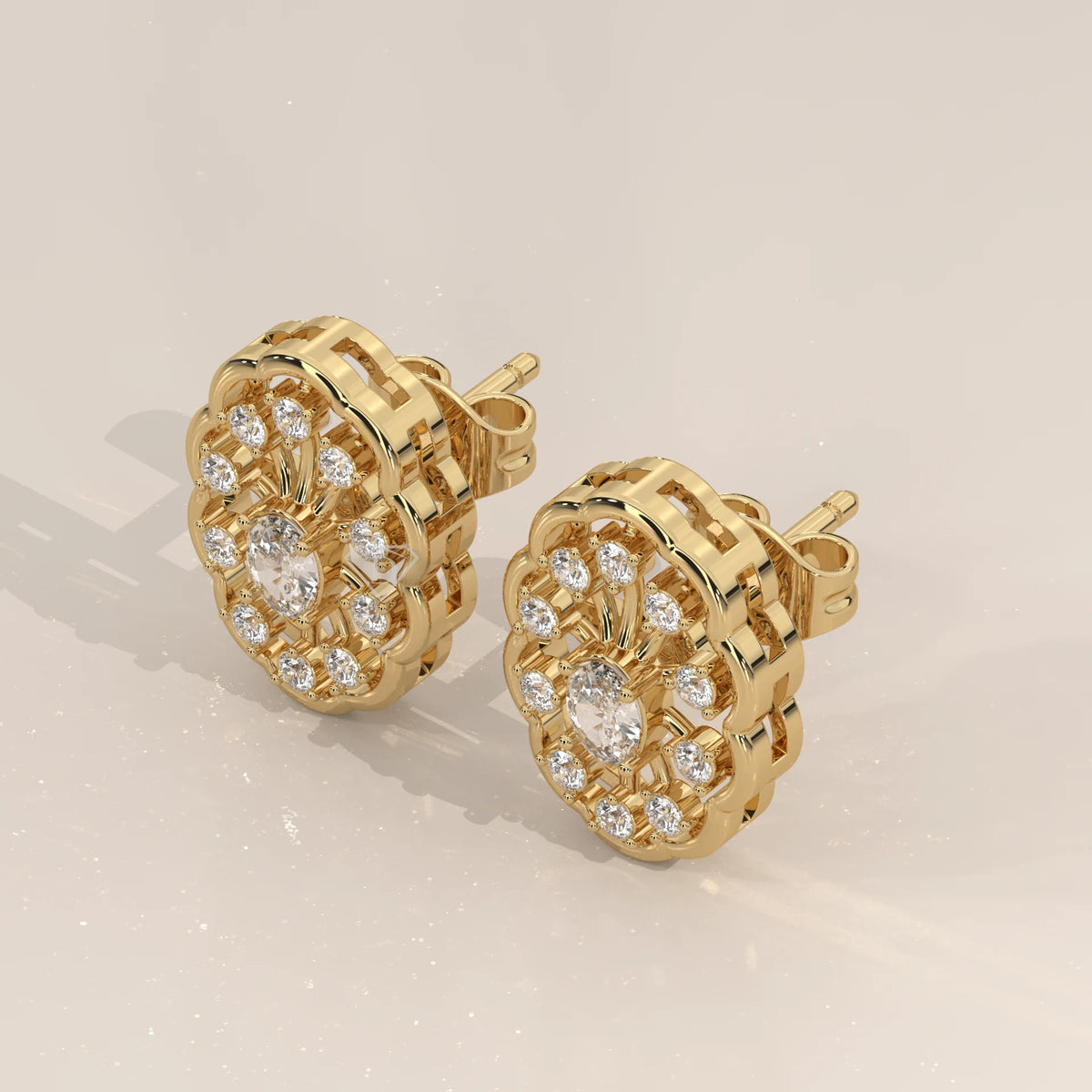 Three-Quarter View: Oval Diamond Stud Earrings with Halo Setting in Yellow Gold – Lab Grown – Driona Jewels