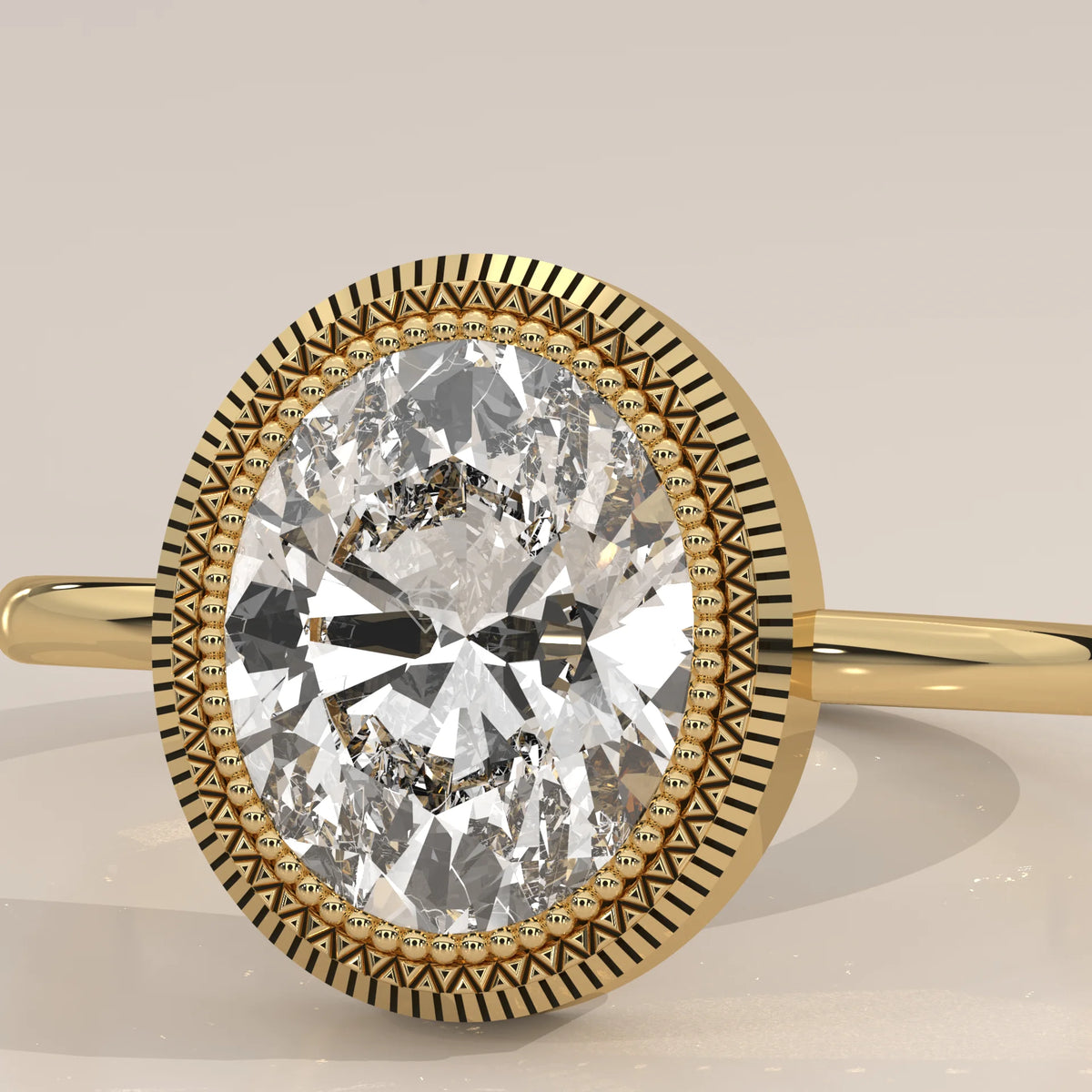 Oval Lab Grown Diamond Bezel Solitaire with Coin Edge Rim in yellow gold, front view on a plain background.