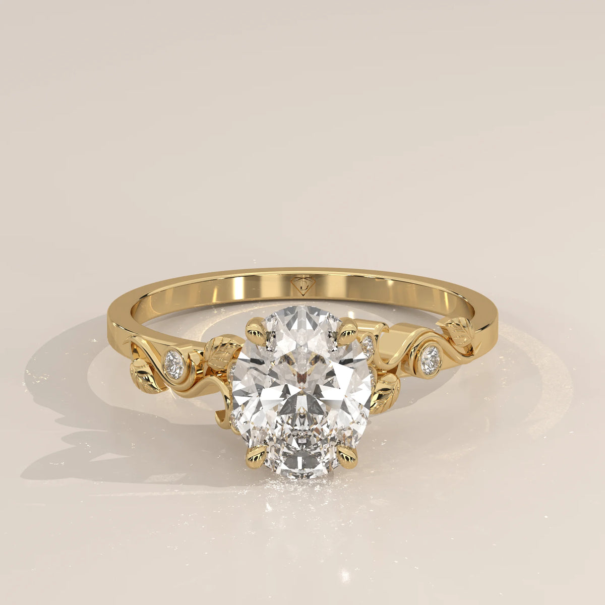 Close-up of an oval diamond engagement ring with diamond accents in yellow gold.