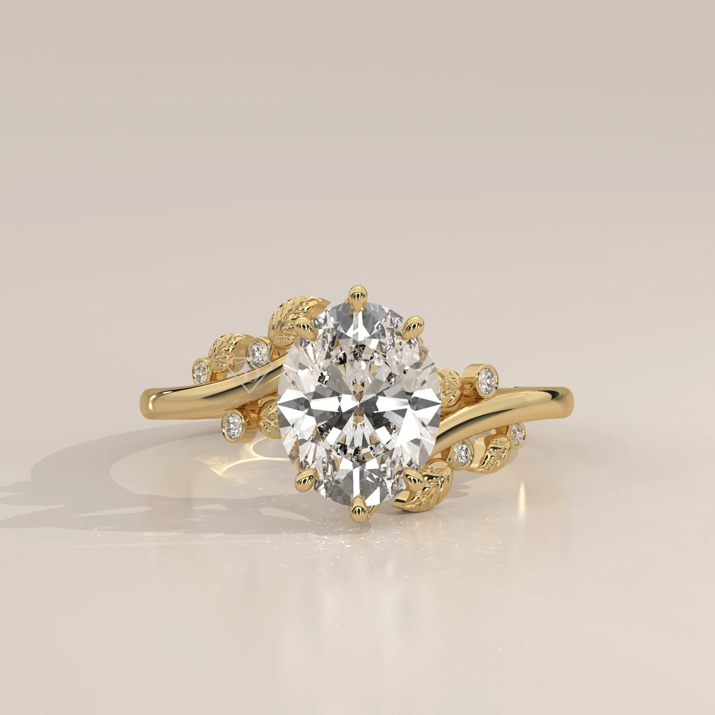 Oval cut diamond engagement ring in yellow gold with floral accents.