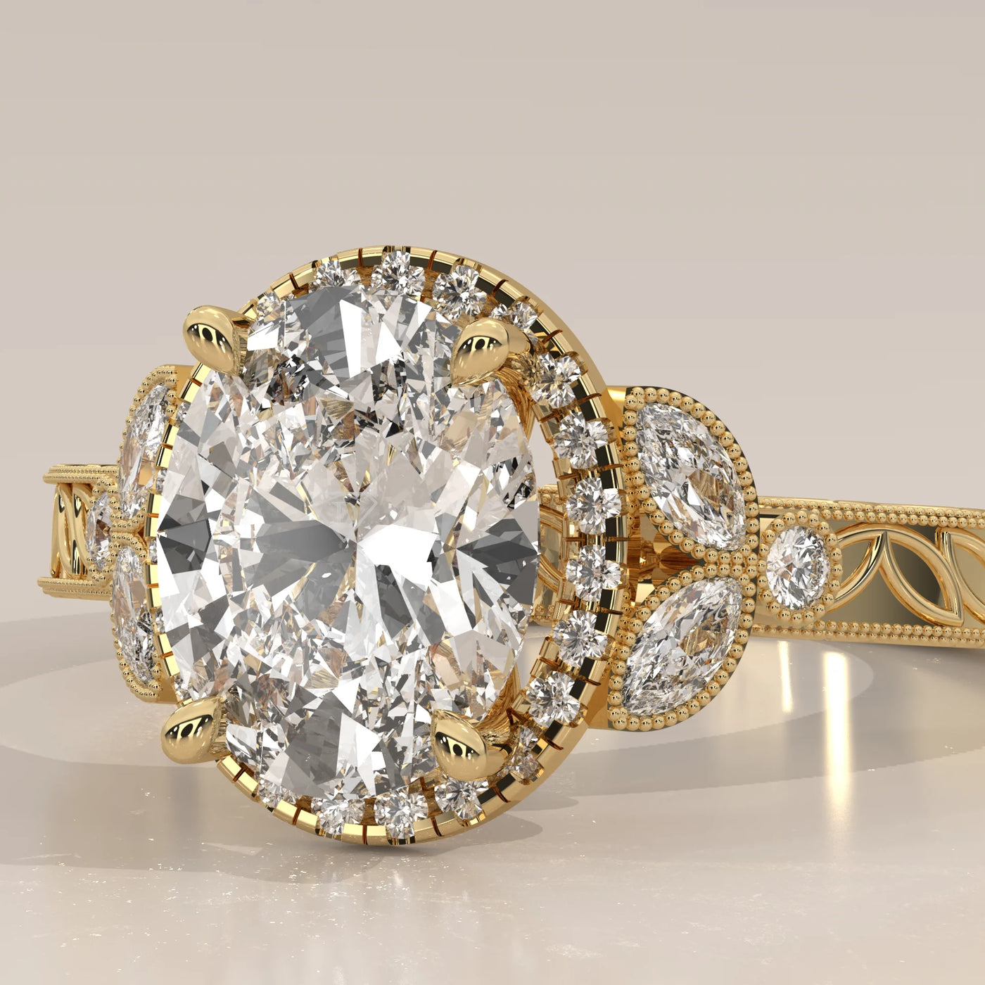 Close-up of an oval diamond engagement ring with diamond accents in yellow gold.
