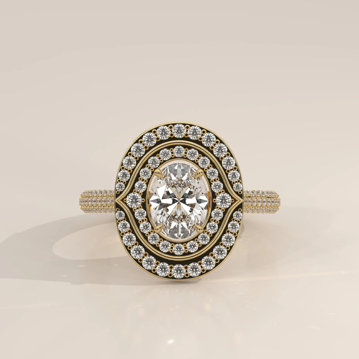 Oval Lab Grown Diamond Double Halo Ring with Pointed Inner Frame in yellow gold, photographed head-on.