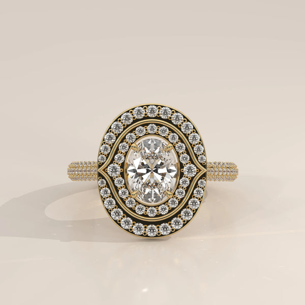Oval Lab Grown Diamond Double Halo Ring with Pointed Inner Frame in yellow gold, photographed head-on.