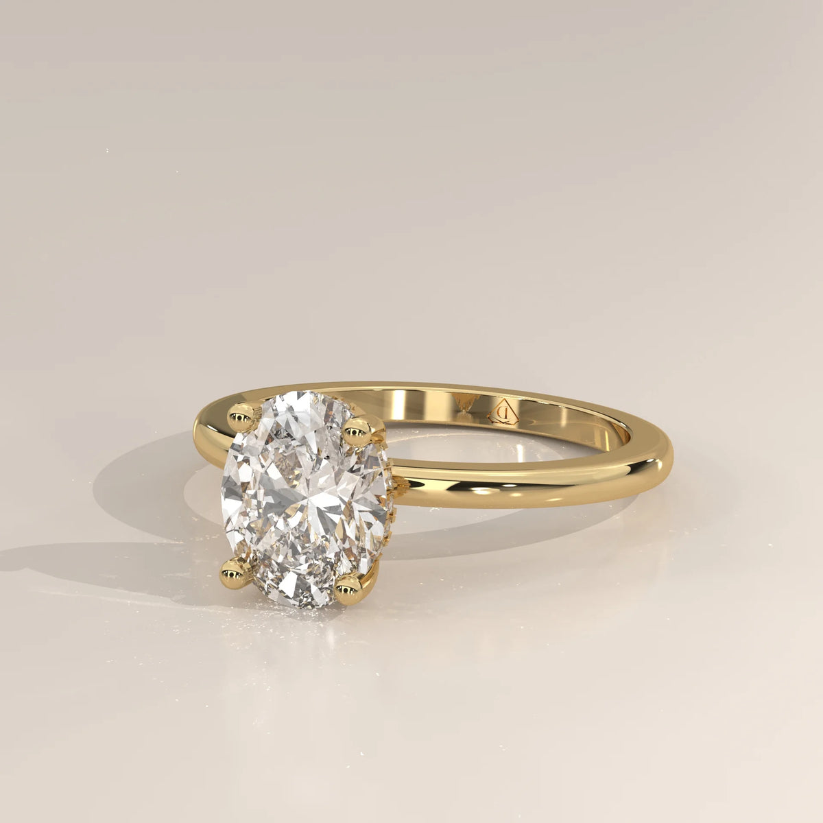 Side view of an oval diamond engagement ring with intricate detailing