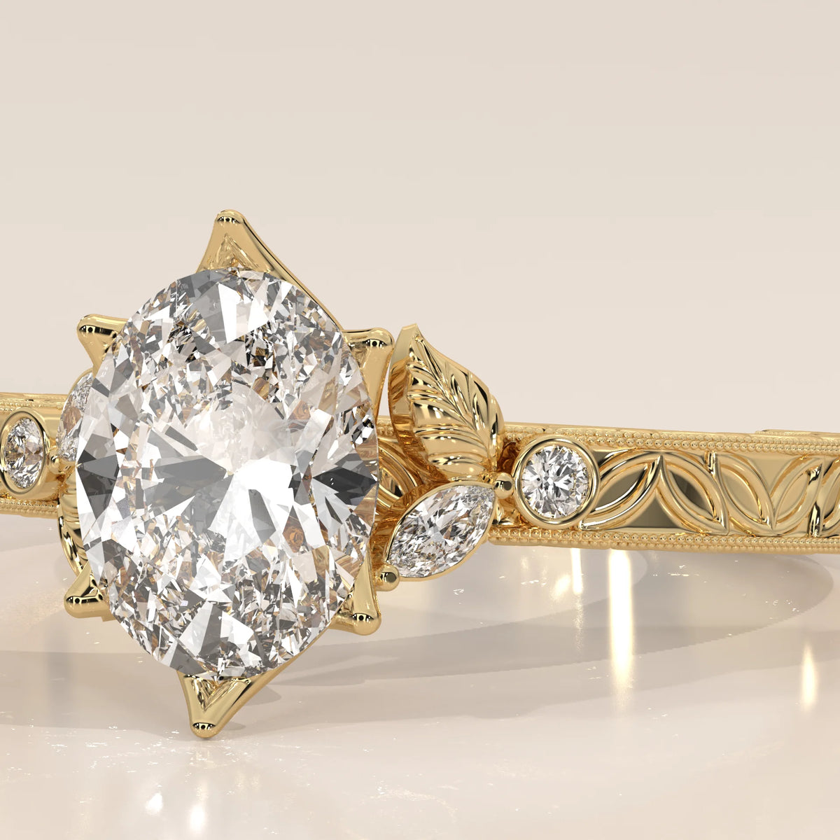 Side view of an oval diamond engagement ring with intricate detailing
