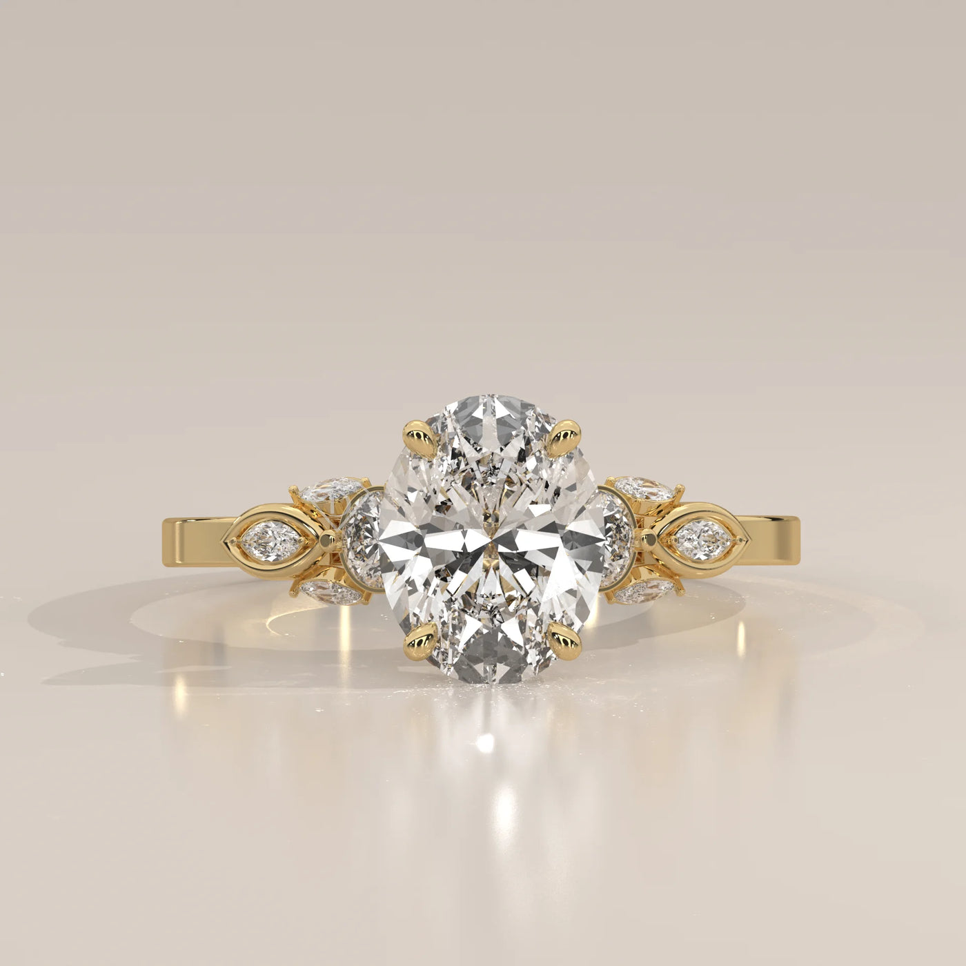Oval diamond engagement ring with floral accents in 18k yellow gold.