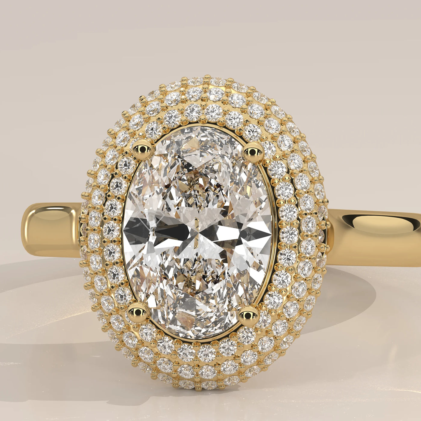 Stone Detail: Oval Lab Grown Diamonds in Double Halo Setting – Yellow Gold – Driona Jewels