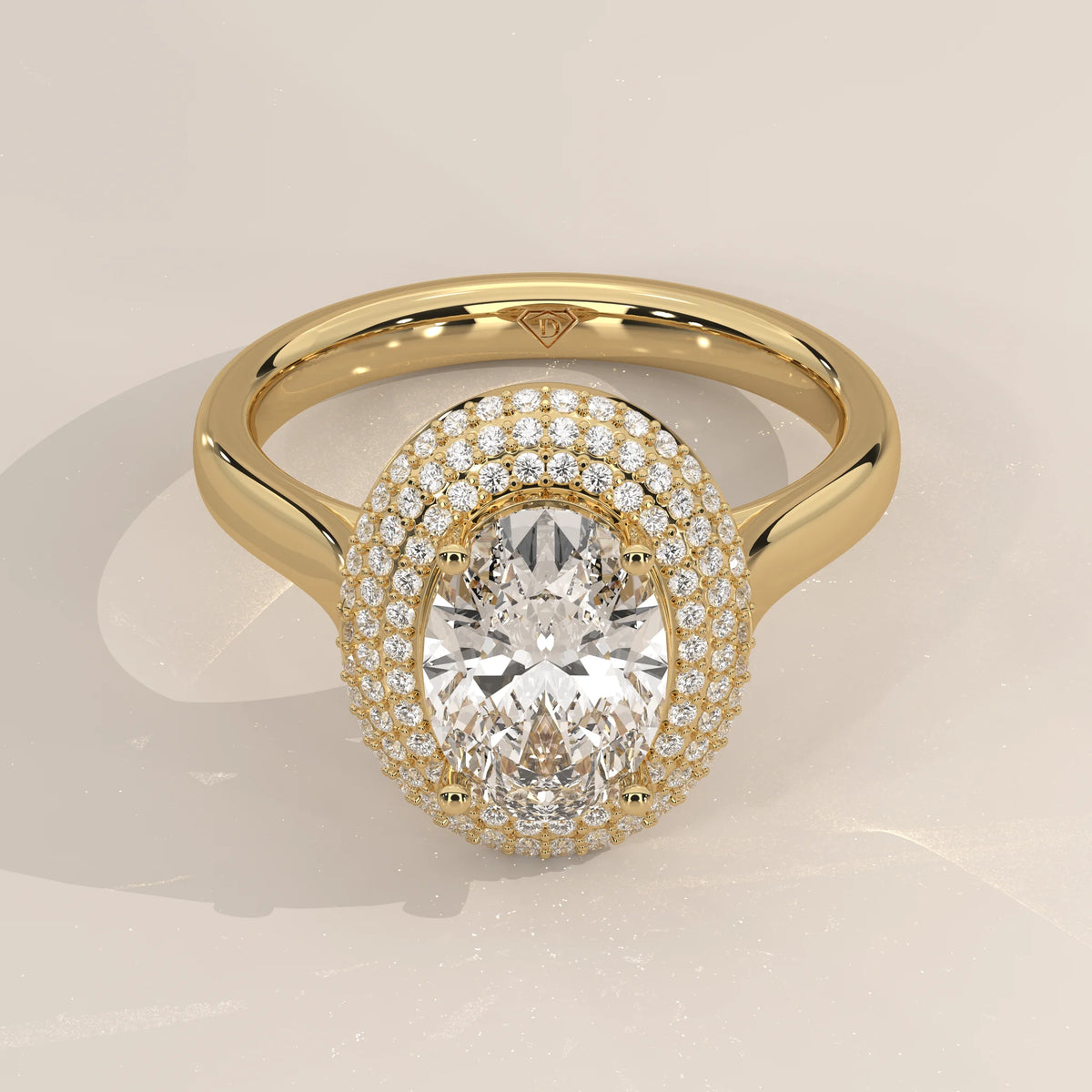 Three-Quarter View: Oval Diamond Engagement Ring with Double Halo Setting in Yellow Gold – Lab Grown – Driona Jewels