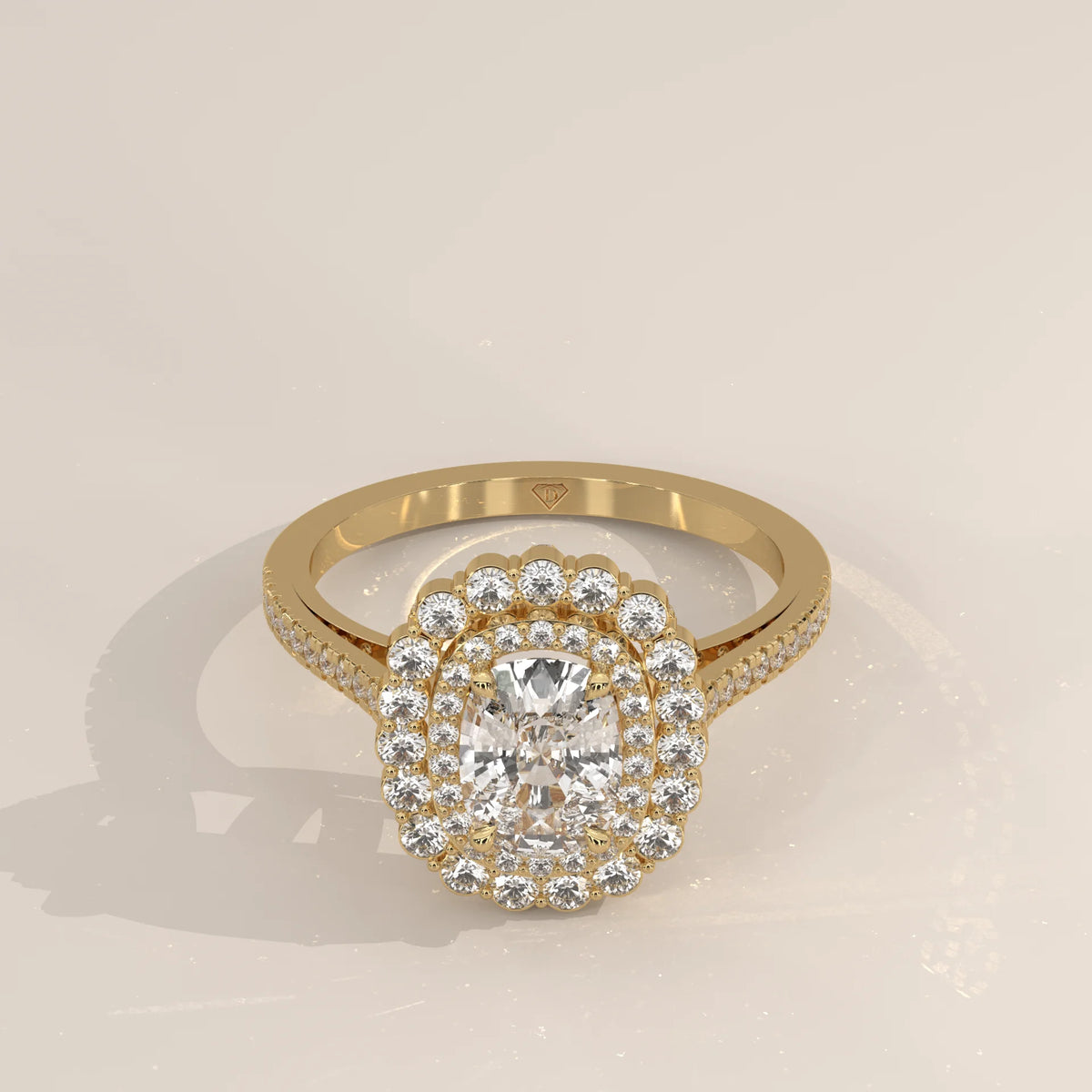 Cushion Lab Grown Diamond Double Halo Ring with Scalloped Outer Row in yellow gold, shown from the front.